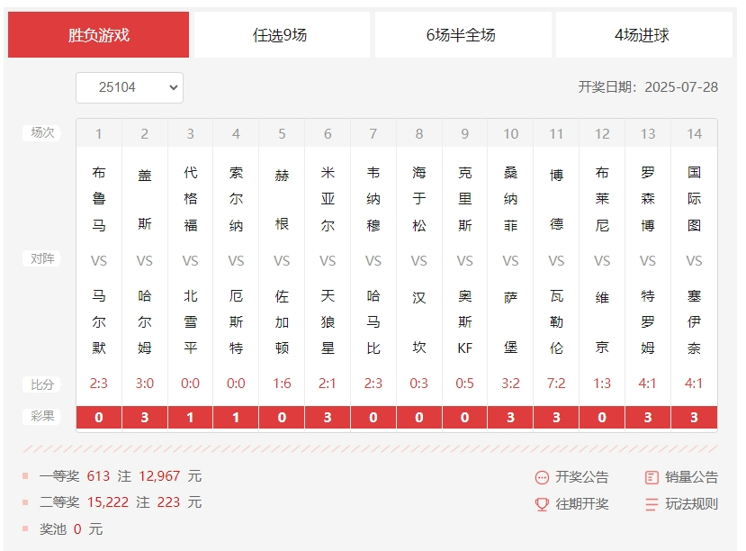 14场胜负彩开奖结果