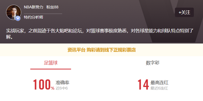 NBA新势力状态不错！更多篮球信心场次推荐点点关注不迷路！