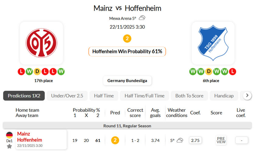 美因茨VS霍芬海姆